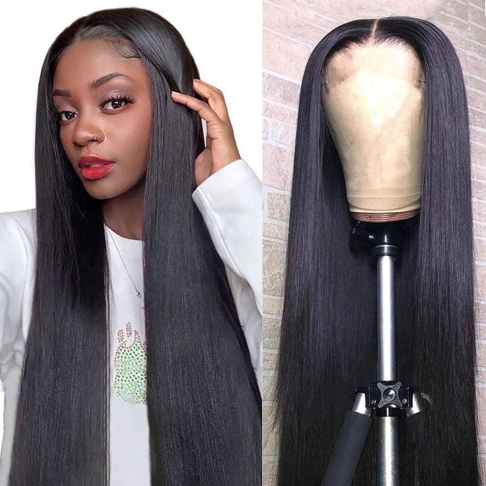 Straight 4x4 Closure Wig - 180%/210% Density, Natural Black - on a mannequin head, front view of the straight closure wig with a defined parting