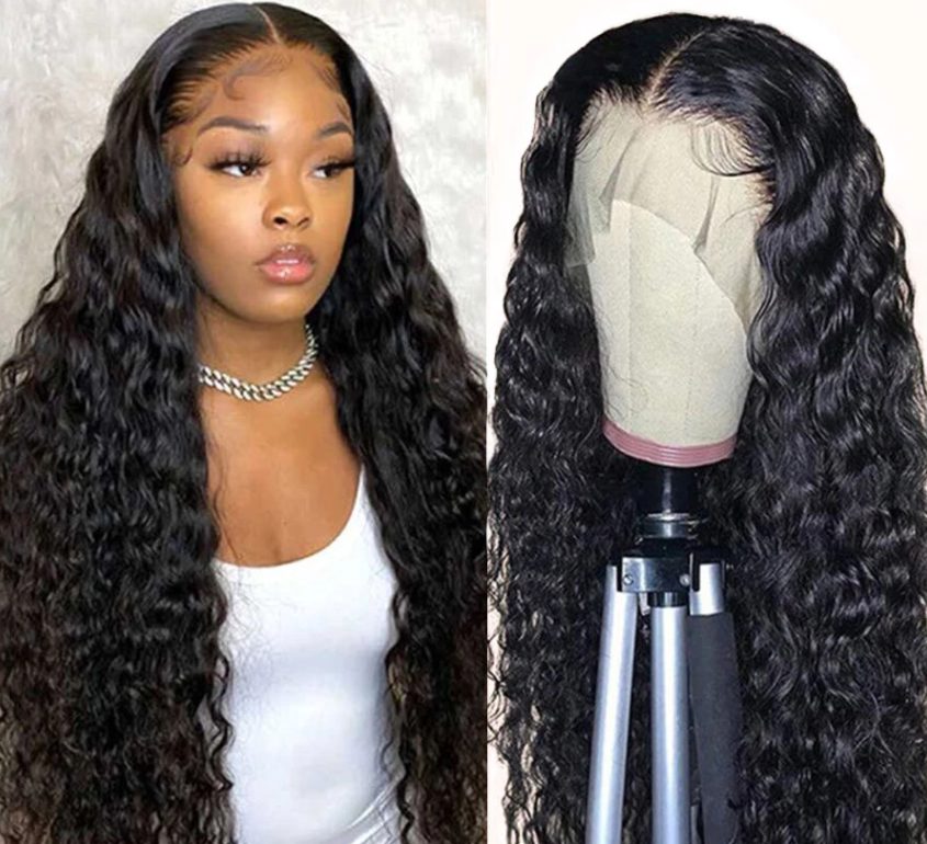 Water Wave 4x4 Closure Wig - 180%/210% Density, Natural Black - on a mannequin bust, front view of the water wave closure wig
