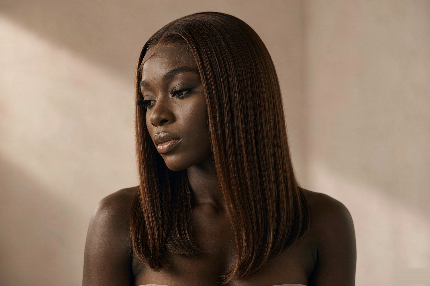 Model wearing a 13x4 lace front human hair wig with a natural lace hairline