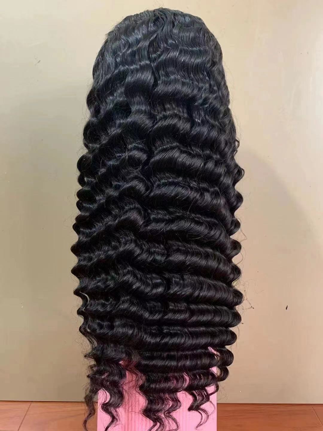 Deep Wave 4×4 Lace Wig -180% 210% Density Natural Black Human Hair Closure Wig