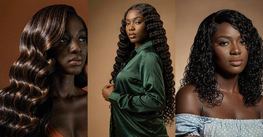 Body wave, deep wave and water wave human hair wigs compared side by side on three models