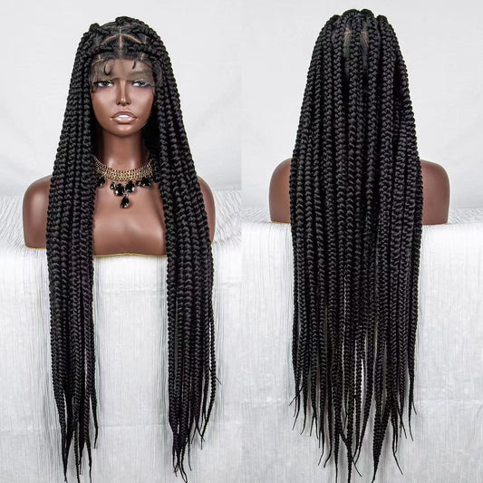 Full Double Lace Braided Wig - Knotless Box Braids with Baby Hair, 1B - front and back views of the long knotless box braids wig on a mannequin head