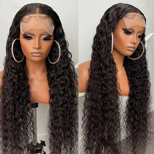 Jerry Curl 4x4 Closure Wig - 180%/210% Density, Natural Black - on a mannequin bust, front view of the jerry curl closure wig with the lace parting visible