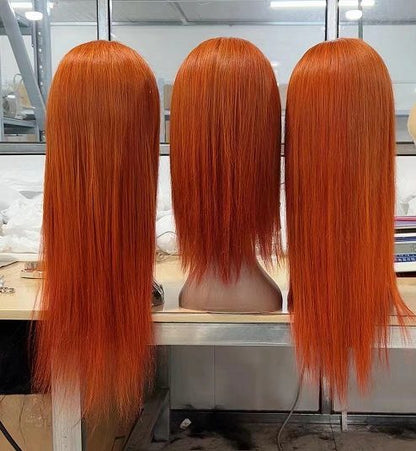 Straight 13x4 Lace Front Wig - 180%/210% Density, Colored Human Hair - on a mannequin head, front and back views of the copper red straight colored wig