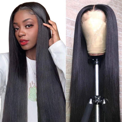 Straight 4x4 Closure Wig - 180%/210% Density, Natural Black - on a mannequin head, front view of the straight closure wig with a defined parting