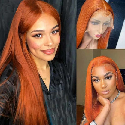 Straight 13x4 Lace Front Wig - 180%/210% Density, Colored Human Hair - worn on a model, front view of the long copper red straight colored lace front wig