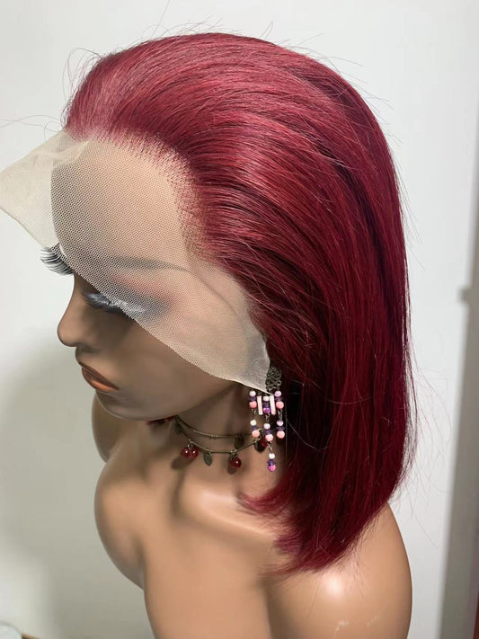 13x4 Bob Frontal Lace Wig - 99J Burgundy, Pre-Plucked HD Lace - on a mannequin head, side view of the 99J burgundy short bob wig showing the lace front