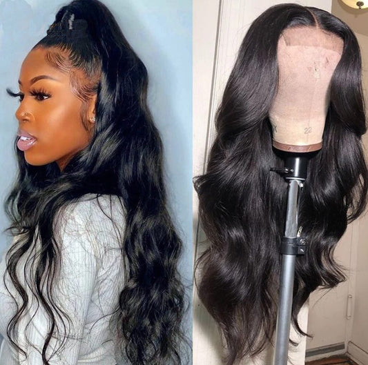 Body Wave 4x4 Closure Wig - 180%/210% Density, Natural Black - on a mannequin bust, front view of the body wave closure wig with the 4x4 lace parting visible