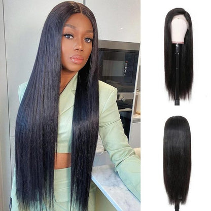 Straight 13x4 Lace Front Wig - 180%/210% Density, Natural Black - worn on a model, waist-up view of the long straight wig falling over a green jacket