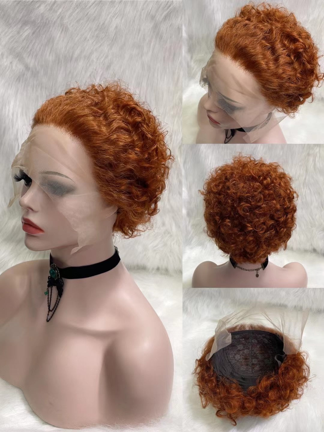 Glueless Pixie Cut Curly 13x1 Lace Front Wig - Dark Root, Human Hair - on a mannequin head, front and back views of the short curly pixie wig