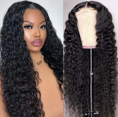 Jerry Curl 13x4 Lace Front Wig - Human Hair, 10-32 Inch, 180%/210% - split view: worn on a model on the left, on a mannequin head showing the cap and parting on the right