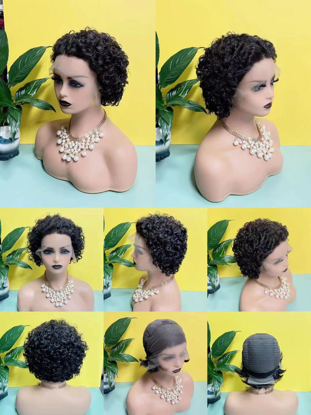 Glueless Pixie Cut Curly Lace Front Wig - 13x1 T-Part, Dark Root - nine-angle grid of the short bob wig on a mannequin head against a yellow background