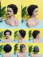 Glueless Pixie Cut Curly Lace Front Wig - 13x1 T-Part, Dark Root - worn on a model, front view of the long straight wig worn open over a green top