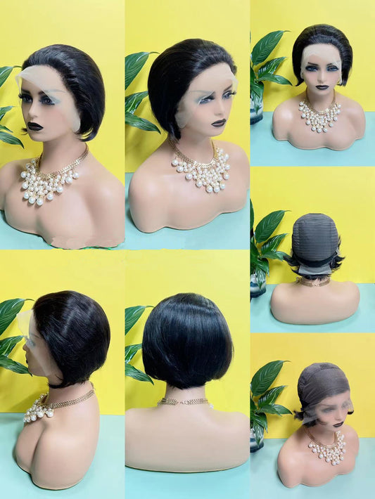 Glueless Pixie Cut Straight Lace Front Wig - 13x4, Pre-Plucked - nine-angle grid of the short black bob wig on a mannequin head against a yellow background
