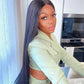 Straight 13x4 Lace Front Wig - 180%/210% Density, Natural Black - worn on a model, front view of the long straight wig worn open over a green top