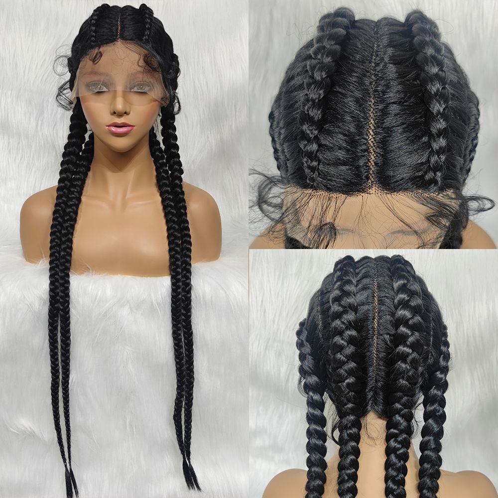 36-Inch Handmade Full Lace Braided Wig - Knotless Cornrow, Baby Hair - front and back views of the long cornrow braided wig on a mannequin head