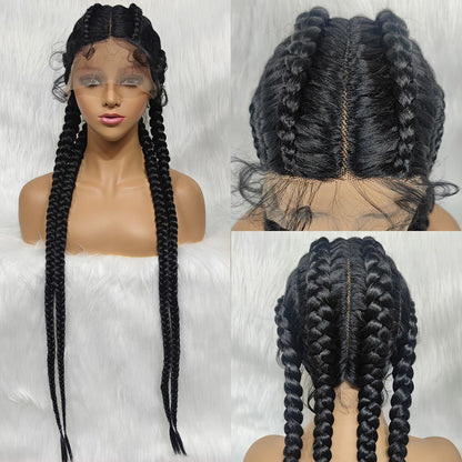 36-Inch Handmade Full Lace Braided Wig - Knotless Cornrow, Baby Hair - front and back views of the long cornrow braided wig on a mannequin head