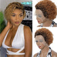 Glueless Pixie Cut Curly 13x1 Lace Front Wig - Dark Root, Human Hair - on a mannequin head, side view of the short curly pixie wig