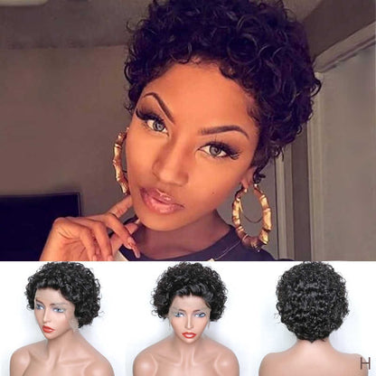 Glueless Pixie Cut Curly 13x1 Lace Front Wig - Dark Root, Human Hair - lace size comparison chart with 4x4, 5x5, 13x4 and 13x6 lace front illustrations