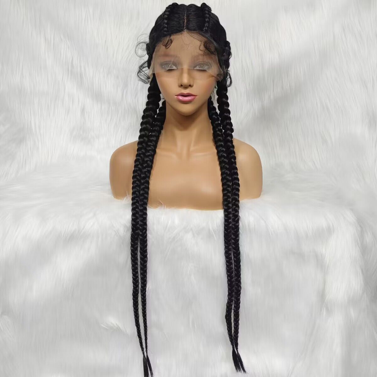 36-Inch Handmade Full Lace Braided Wig - Knotless Cornrow, Baby Hair - front and back views of the long black knotless braids wig on a mannequin head