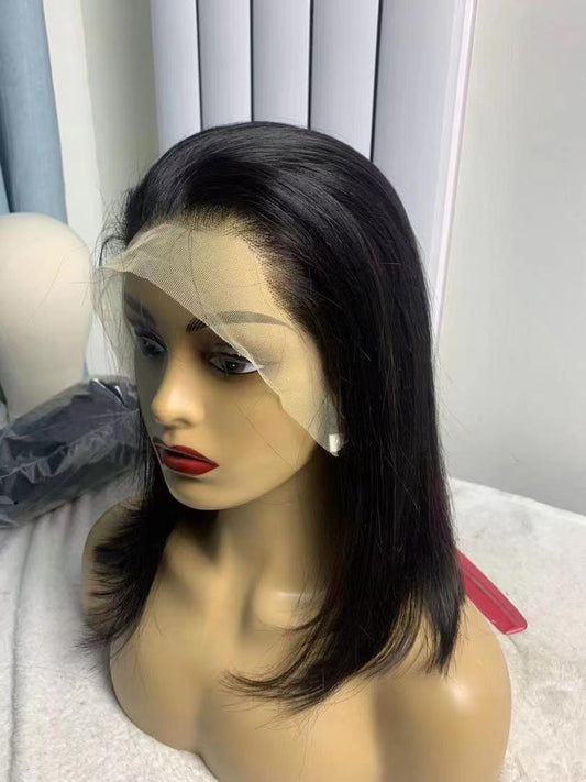 10-Inch Colorful Bob Lace Front Wig - Glueless 13x4, Pre-Plucked - on a mannequin head, side view of the short black bob wig with the lace front still untrimmed