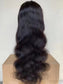 Body Wave 13x4 Lace Front Wig - 180%/210% Density, Natural Black - on a mannequin bust, front view of the body wave wig with the lace hairline and bleached knots visible
