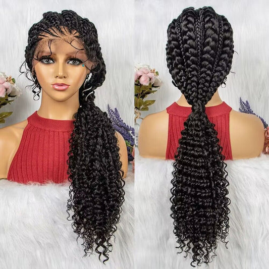 36-Inch Knotless Box Braid Lace Front Wig - Synthetic Braided Wig, 1B - front and back views of the long braided wig styled with a centre part and baby hair