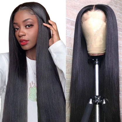 Straight 4x4 Closure Wig - 180%/210% Density, Natural Black - on a mannequin head, front view of the straight closure wig with a defined parting