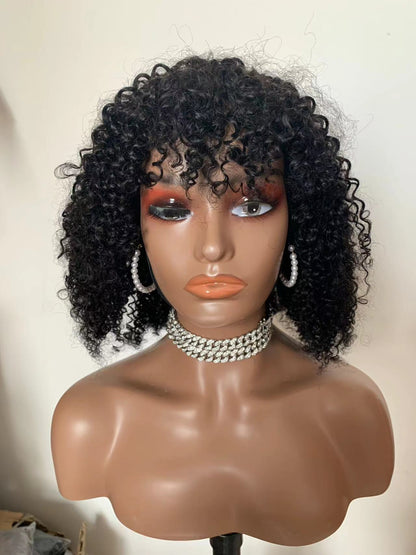 250% Density Afro Kinky Curly Machine-Made Wig - Human Hair, Glueless - on a mannequin head, front view of the short 250 percent density afro kinky curly wig