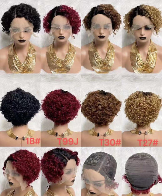 T-Part Pixie Cut Curly Wig - Glueless, Dark Root, Human Hair - on a mannequin head, front view of the short curly pixie wig with a visible T-part lace