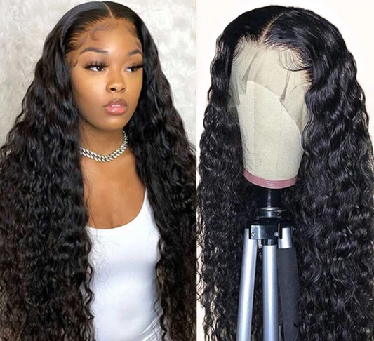 Water Wave 4×4 Lace Wig -180% 210% Density Natural Black Human Hair Closure Wig